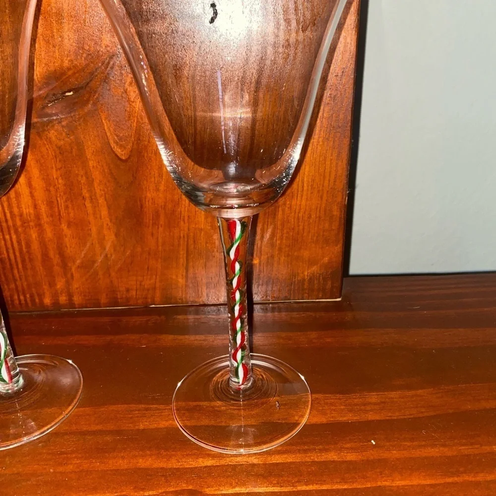 Pier 1 Glass Goblets Ribbon Candy RED WHITE GREEN Swirl Stems Set of 2 9